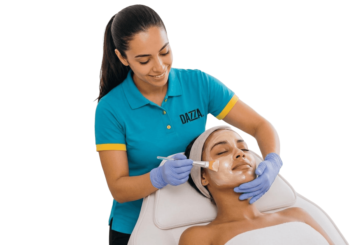 Premium home facial beauty treatment with professional cosmetologist